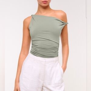 Abercrombie & Fitch Symmetrical Twist Off Then Shoulder Top Frosted Olive